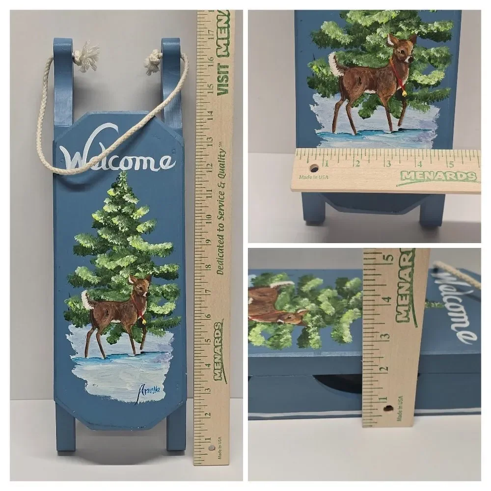 Vintage Hand Painted Wooden Sled Christmas Holiday Wall Decor Sleigh Fawn Deer